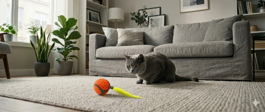 Chat d'appartement heureux jouant dans un salon lumineux pour éviter l'ennui