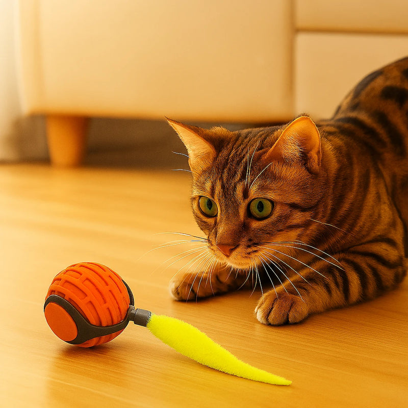 Chat jouant avec la balle interactive intelligente Petizio qui roule toute seule